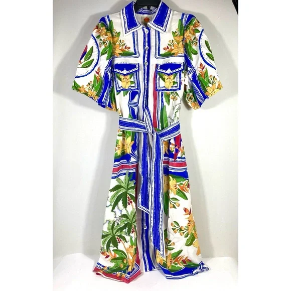 *SOLD* Farm Rio Tropical Destination Midi Linen Blend Shirt Dress Small NWT - Picture 5 of 17